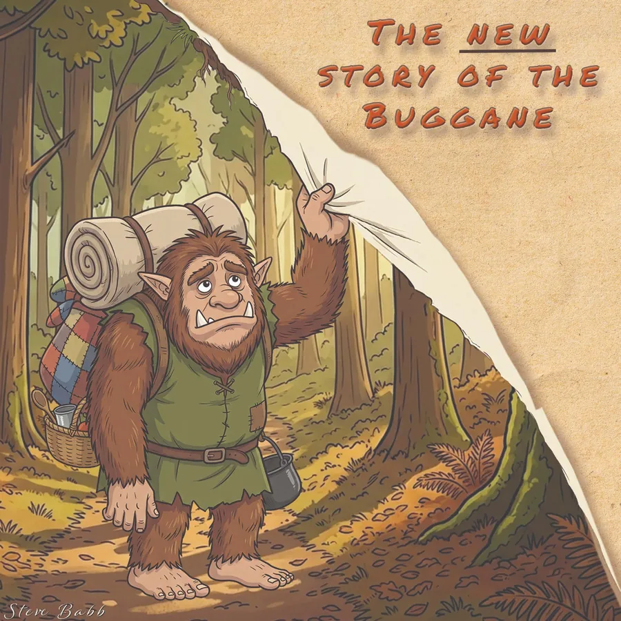 Cover: the Buggane stands on a woodland path with his bedding on his back, pulling back a torn paper edge to reveal the title, The New Story of the Buggane.