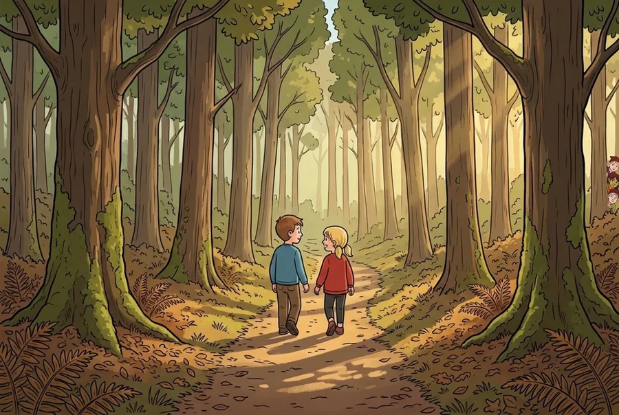 Juan and Voirrey, a boy in a blue jumper and a girl in a red one, walk away from us down a sunlit path through tall Manx woodland.