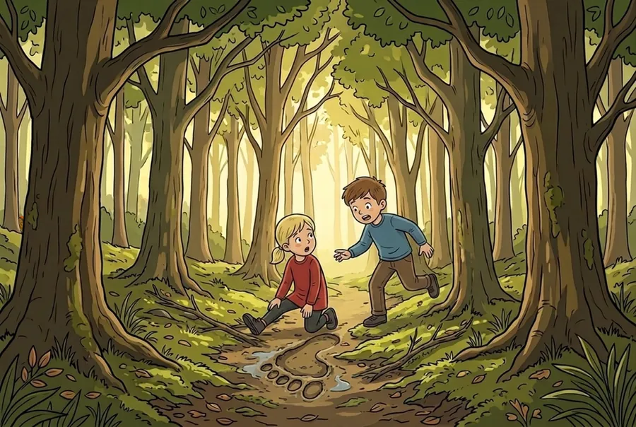 Voirrey kneels beside a huge bare footprint in the mud of the path while Juan hurries over to look.