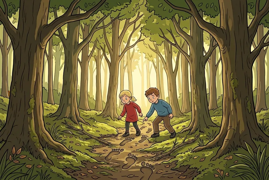 The two children follow a line of enormous footprints along the woodland path.