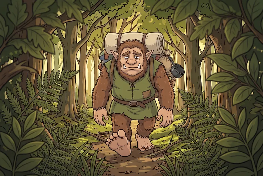 A large hairy creature with tusks and a green tunic walks through the ferns, seen from behind a screen of leaves.