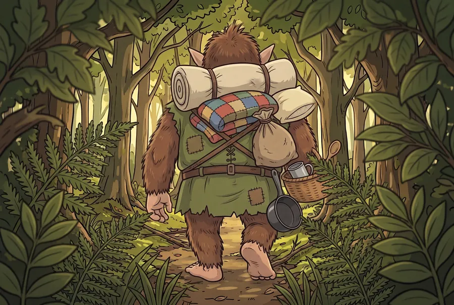 Seen from behind through a screen of ferns and leaves, the Buggane walks away up the path. Strapped to his back are a rolled mattress, a pillow, a folded patchwork blanket, a sack, a basket holding a wooden spoon and a tin mug, and a cooking pot.