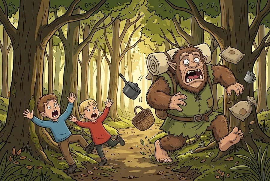 The Buggane shouts in fright, his belongings flying off his back, as Juan and Voirrey throw up their arms and yell.