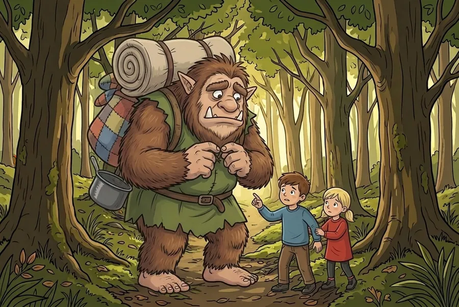 The children stand together facing the Buggane, and Juan points up at him as he recognises who he is.
