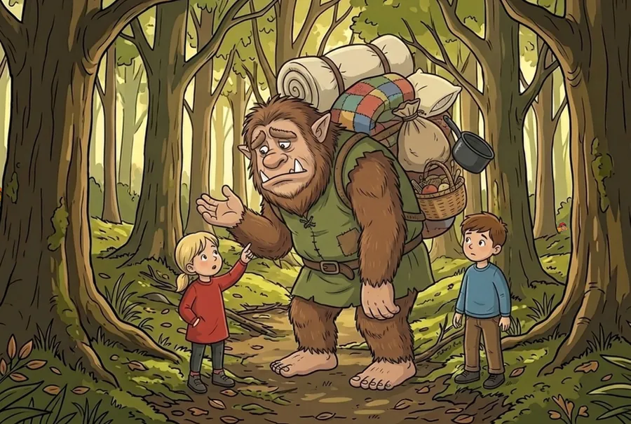 Voirrey reaches up towards the Buggane, who spreads a hand as he explains, all his belongings piled on his back.