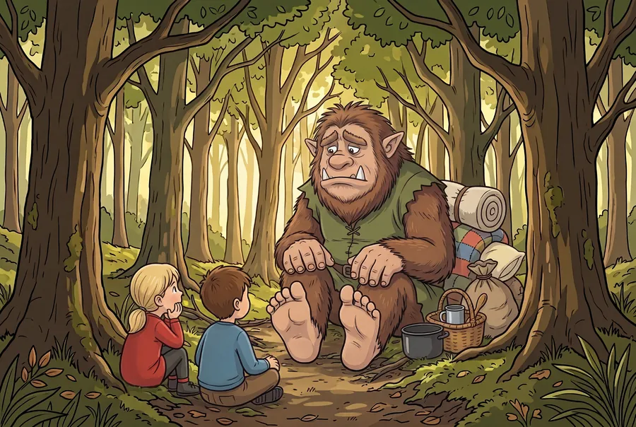 The Buggane sits on the ground with his knees drawn up, and the two children sit down in front of him to listen.