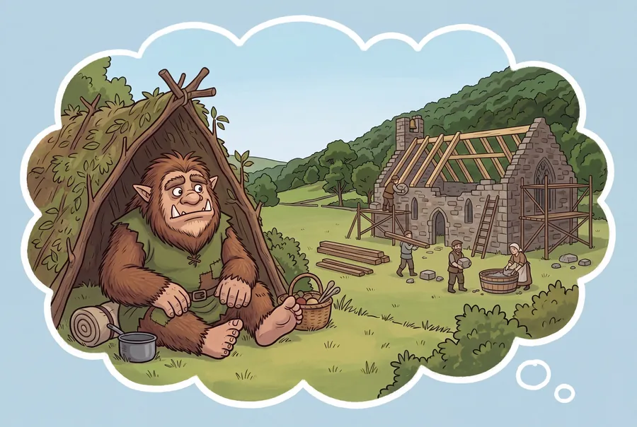A thought picture: the Buggane sits in a shelter of branches while people build a stone church in the valley below.