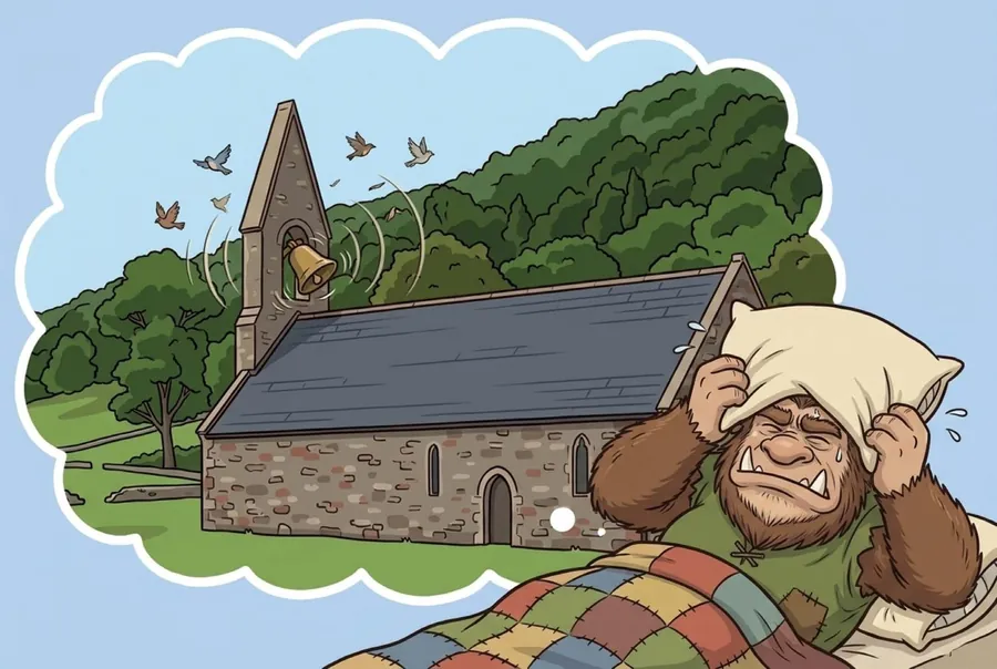 A thought picture: the church bell swings and birds scatter, while the Buggane lies in bed pressing a pillow over his ears.