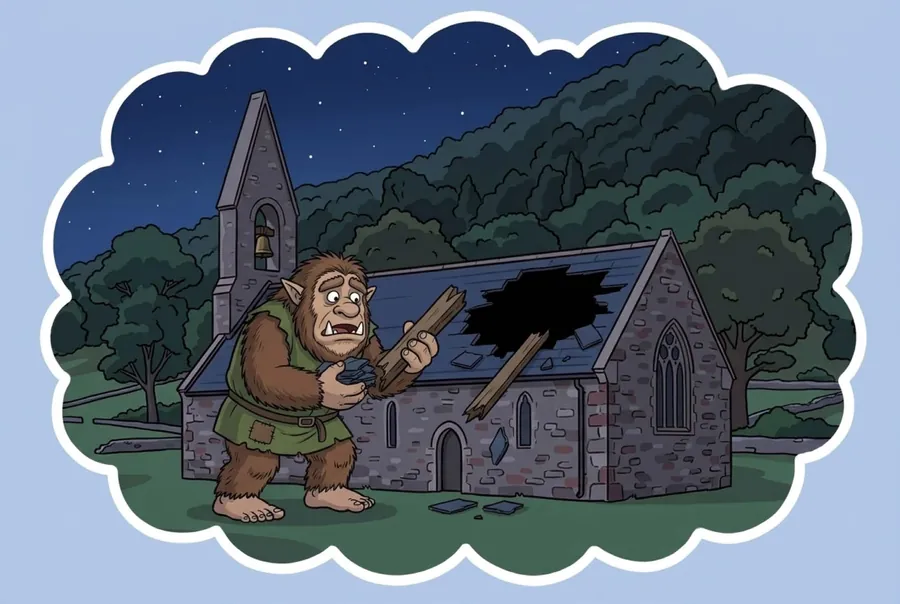 A thought picture: at night the Buggane stands beside the church holding a broken beam, with a hole torn in the roof.