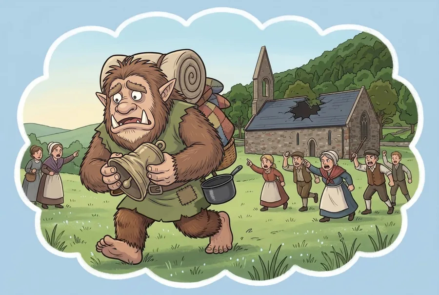 A thought picture: villagers with sticks chase the Buggane away as he carries the bent bell in his hands.