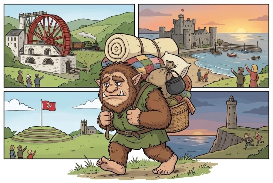 The Buggane walks with his bundle past scenes of the Island: the Laxey Wheel, Castle Rushen, Tynwald Hill, a harbour and a coastal tower.