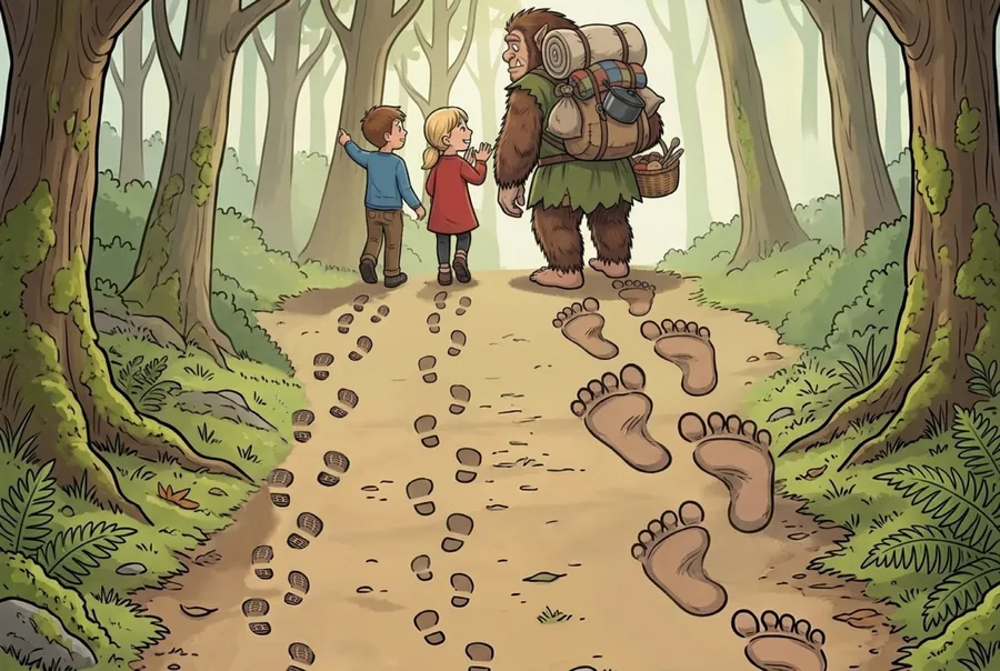 The children lead the Buggane away up the path, with two sets of small footprints and one set of huge ones behind them.