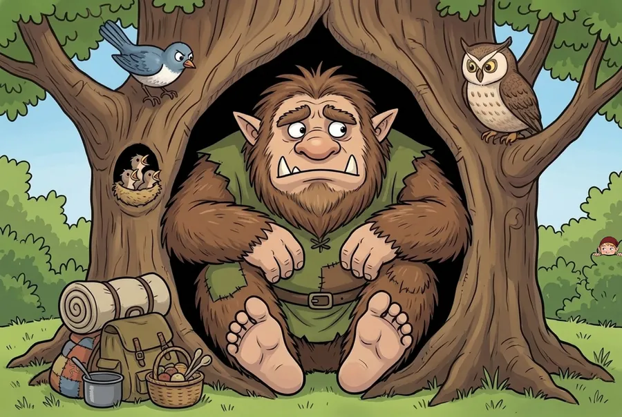 The Buggane sits squeezed inside a hollow tree, with a nest of chicks, a blue bird and an owl in the branches around him.