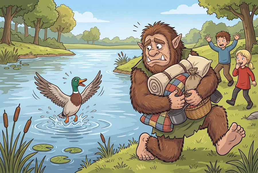 Beside a wide river on a bright day, the Buggane clutches his bedding to his chest as a startled duck flaps up out of the water. Juan and Voirrey wave their arms behind him.