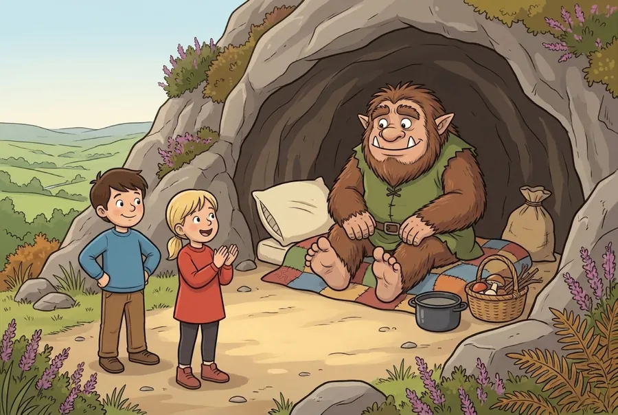 The children stand at the mouth of a cave in the hillside while the Buggane settles his bedding inside.