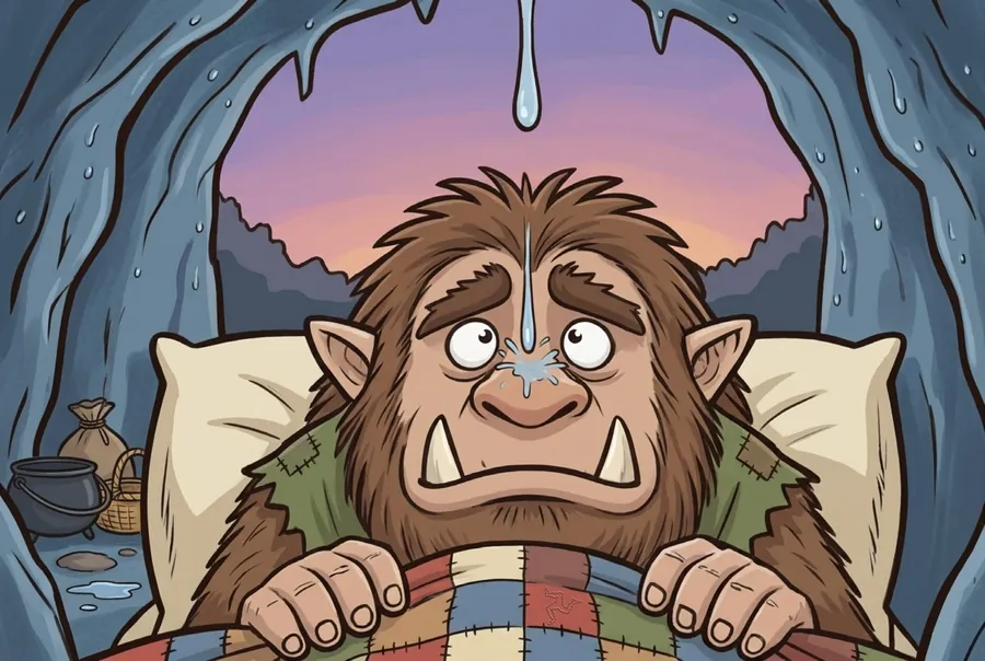 Inside the cave the Buggane lies under his patchwork blanket, cross-eyed, as a drip falls onto his nose.