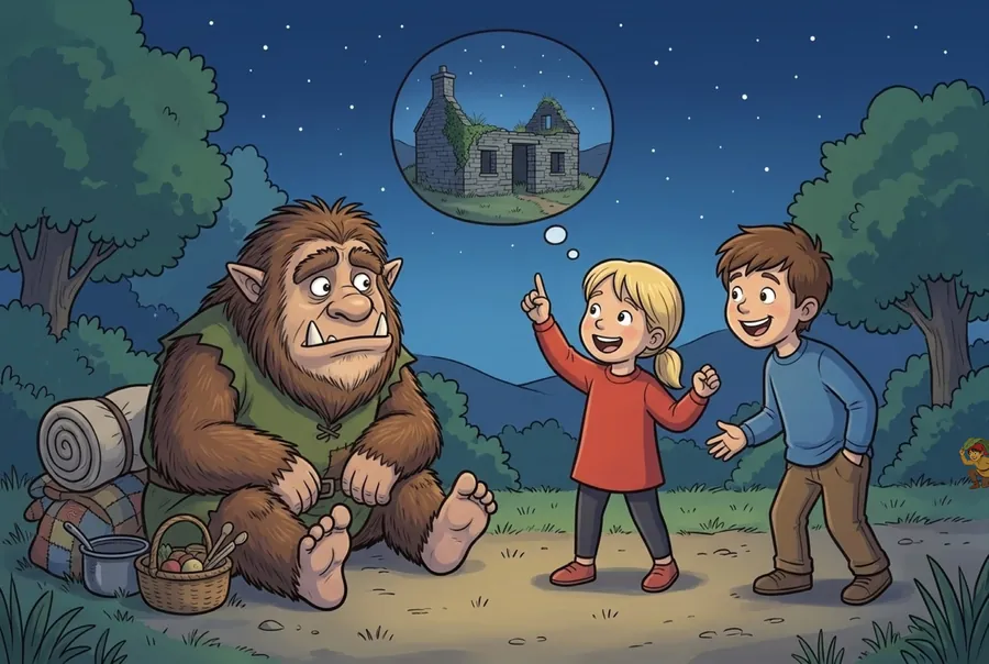 Voirrey points upwards with an idea, a thought bubble showing a roofless stone cottage, while Juan and the Buggane look on.