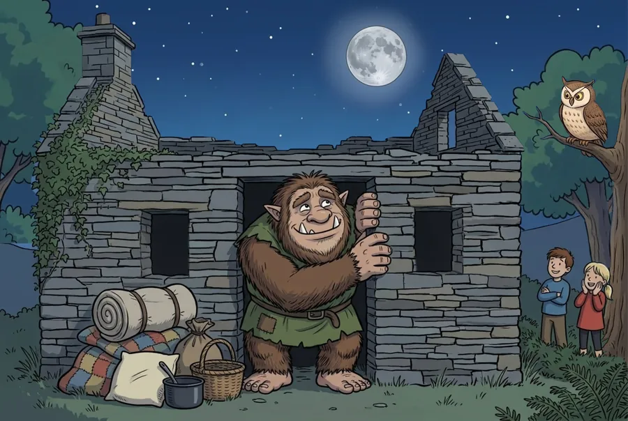 The Buggane stands smiling in the doorway of a roofless stone tholtan in the moonlight, his bedding on the grass beside him, while Juan, Voirrey and an owl watch from the right.