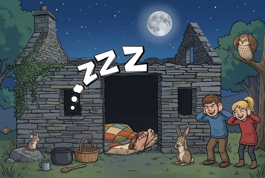 The Buggane sleeps in the doorway of the tholtan under a full moon, loud ZZZs rising from him, while Juan, Voirrey, an owl, a rabbit, a mouse and a small mooinjer veggey in the bushes all cover their ears or look on.