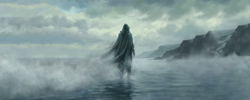 Manannán mac Lir standing on the sea, his cloak dissolving into mist