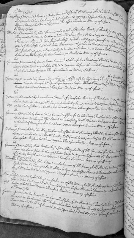 Court presentments of non-appearance before the Doomster, May 1765