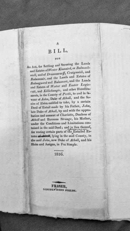 Bill for settling entailed estates in Perth County to Duke of Atholl