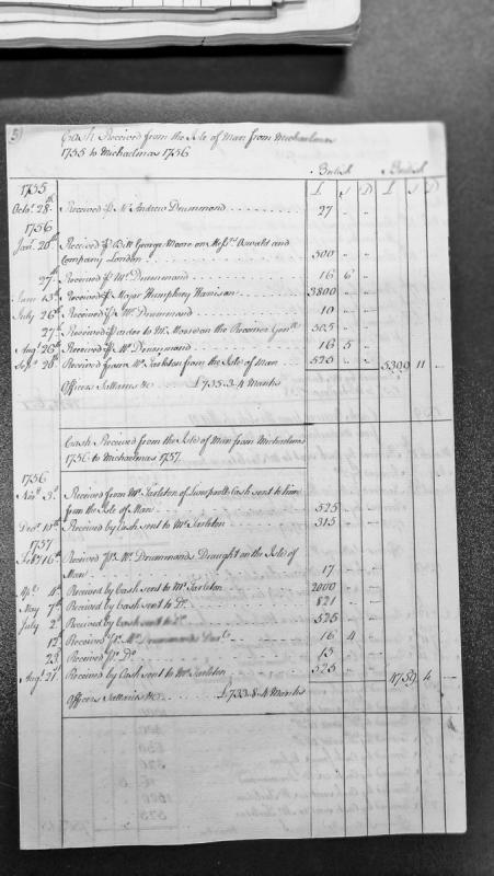 Cash received from Isle of Man, Michaelmas 1755-1757