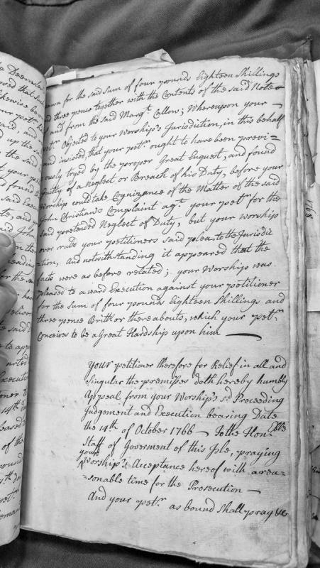 Appeal against magistrate's judgment for £4 18s 3d execution dated October 14, 1766