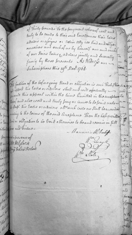 Bond for appeal prosecution with thirty pounds penalty, December 1761