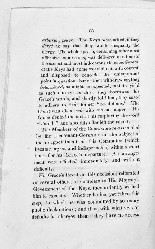 Account of dispute between House of Keys and clergy regarding committee disqualification