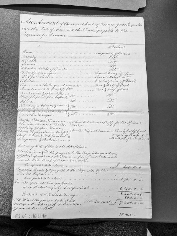 Account of foreign goods duties and revenues payable to the Isle of Man Proprietor