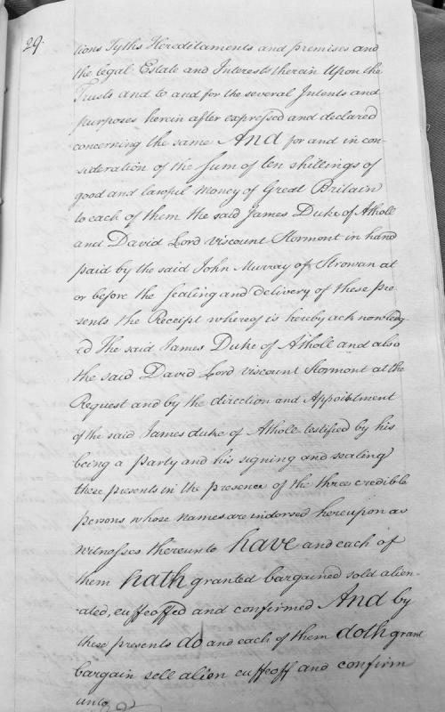 Conveyance of tythes, hereditaments and premises by Duke of Atholl and Viscount Stormont to John Murray