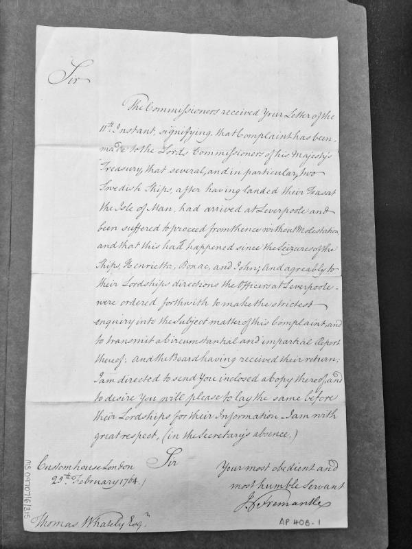 Commissioners report on Swedish ships landing tea at Isle of Man and proceeding from Liverpool