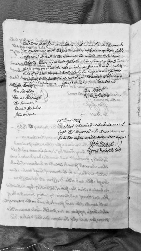 Deed of seizin for grounds at the Nunnery to Robert Calcotts, recorded 1755