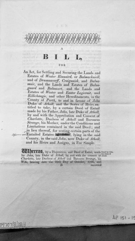 Bill for settling and securing estates in Perth County to Duke of Atholl