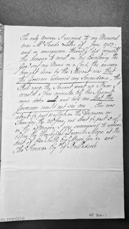 Account of failed petition to Governor and subsequent summons before Deemster Moore
