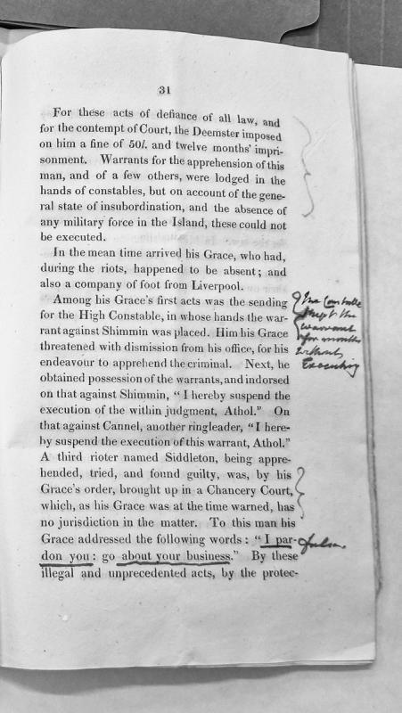 Account of Deemster's punishment and Duke of Athol's interference with riot warrants
