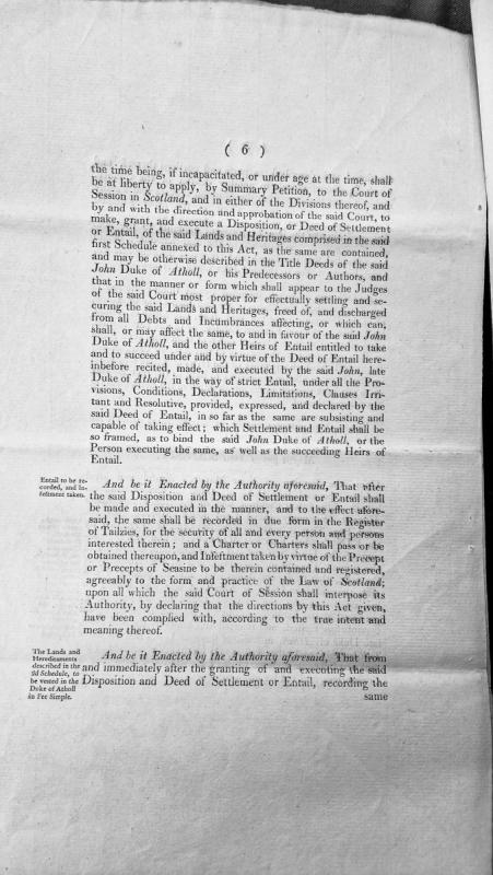 Act concerning settlement and entail of lands of John Duke of Atholl
