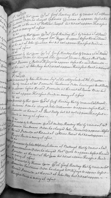 Court presentments for non-appearance of defendants in various Isle of Man suits (Nov 1763)