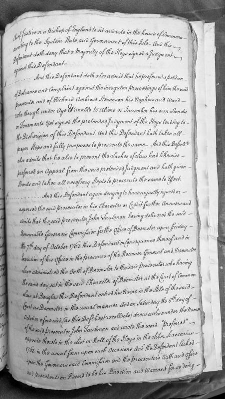 Defendant's Answer regarding irregular proceedings and appointment of John Taubman as Deemster