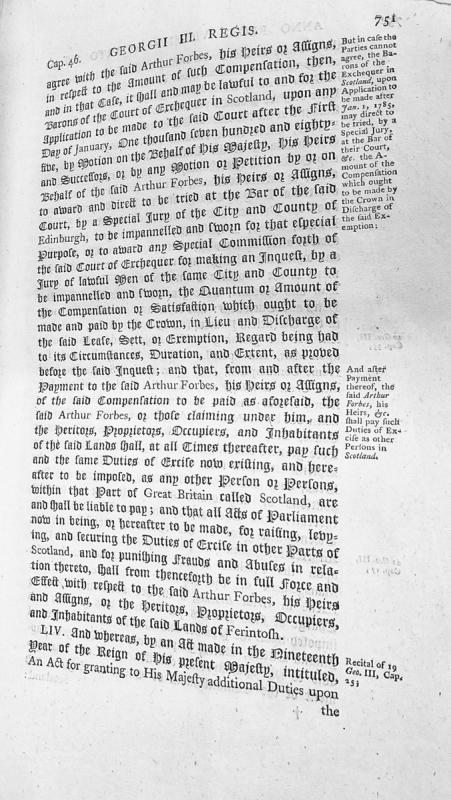 Act of Parliament (Cap. 46, Geo. III) regarding compensation for Arthur Forbes' lease exemption