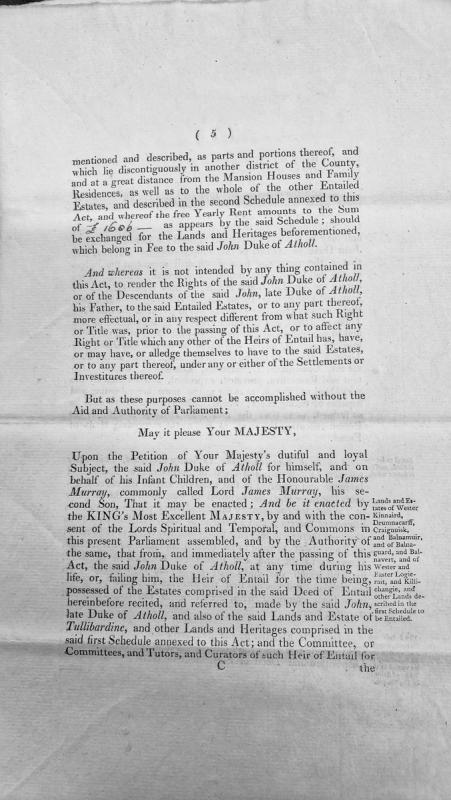 Act of Parliament concerning entailed estates of John Duke of Atholl and land exchange.