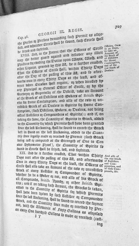 Act of Parliament (George III Cap. 46) regulating excise duties on spirits and distillation
