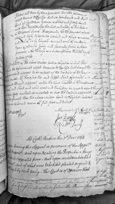 Bond for appeal prosecution by Maurice McAuliffe with John Quayle and Richard Quirk as sureties