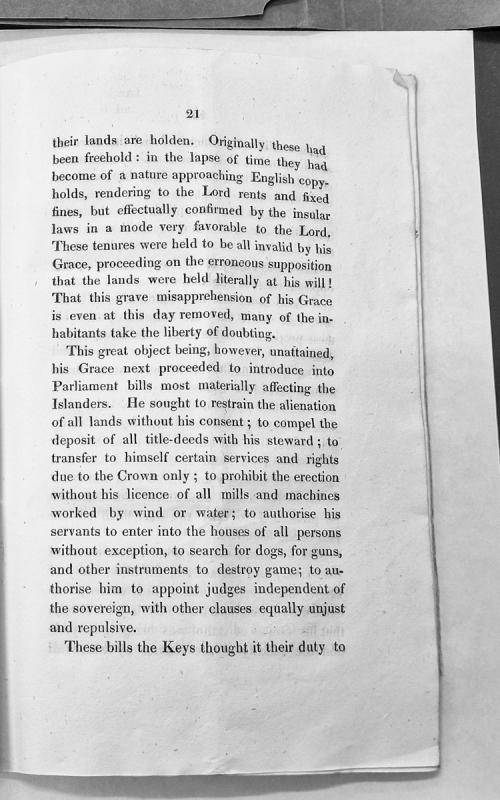 Critique of the Duke's land tenure claims and parliamentary bills affecting Isle of Man