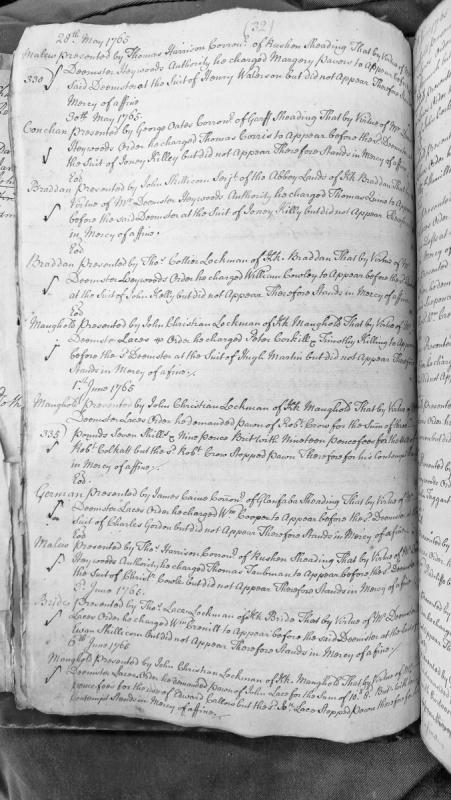 Court presentments for non-appearance and failure to render pawn, May-June 1765