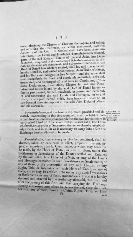 Act provisions regarding entailed estates of John, Duke of Atholl, and authorized exchanges