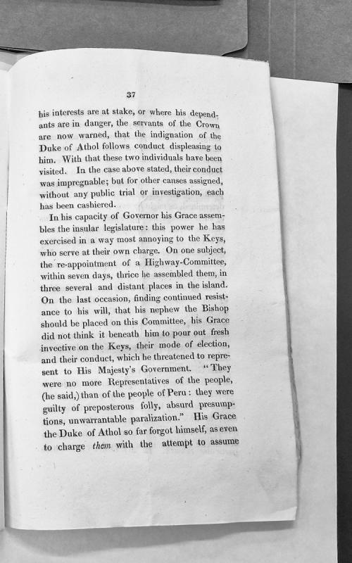 Critical account of Duke of Athol's governance and conflicts with House of Keys
