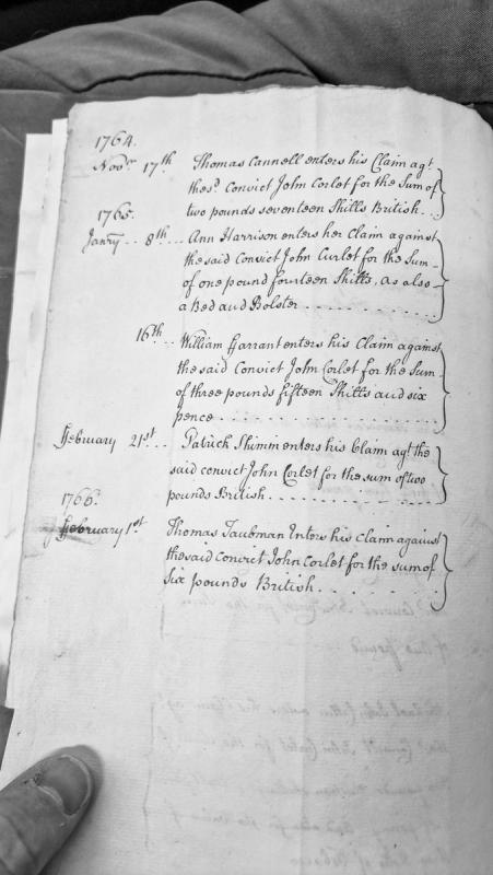 Claims entered against convict John Corlet (1764-1766)