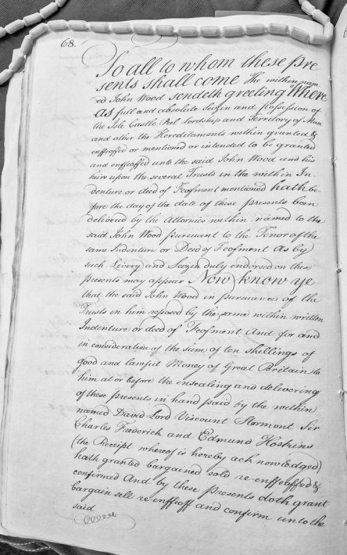 Deed of re-enfeoffment of Isle of Man and Castle Peel by John Wood